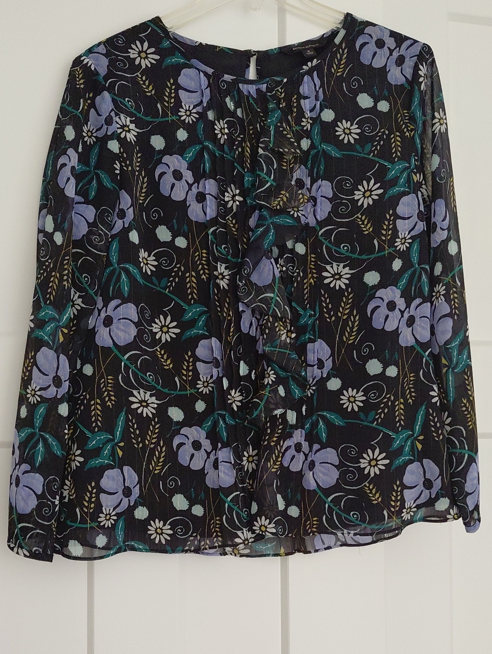Banana Republic Blouse Black with Lavender Floral & Teal Leaves